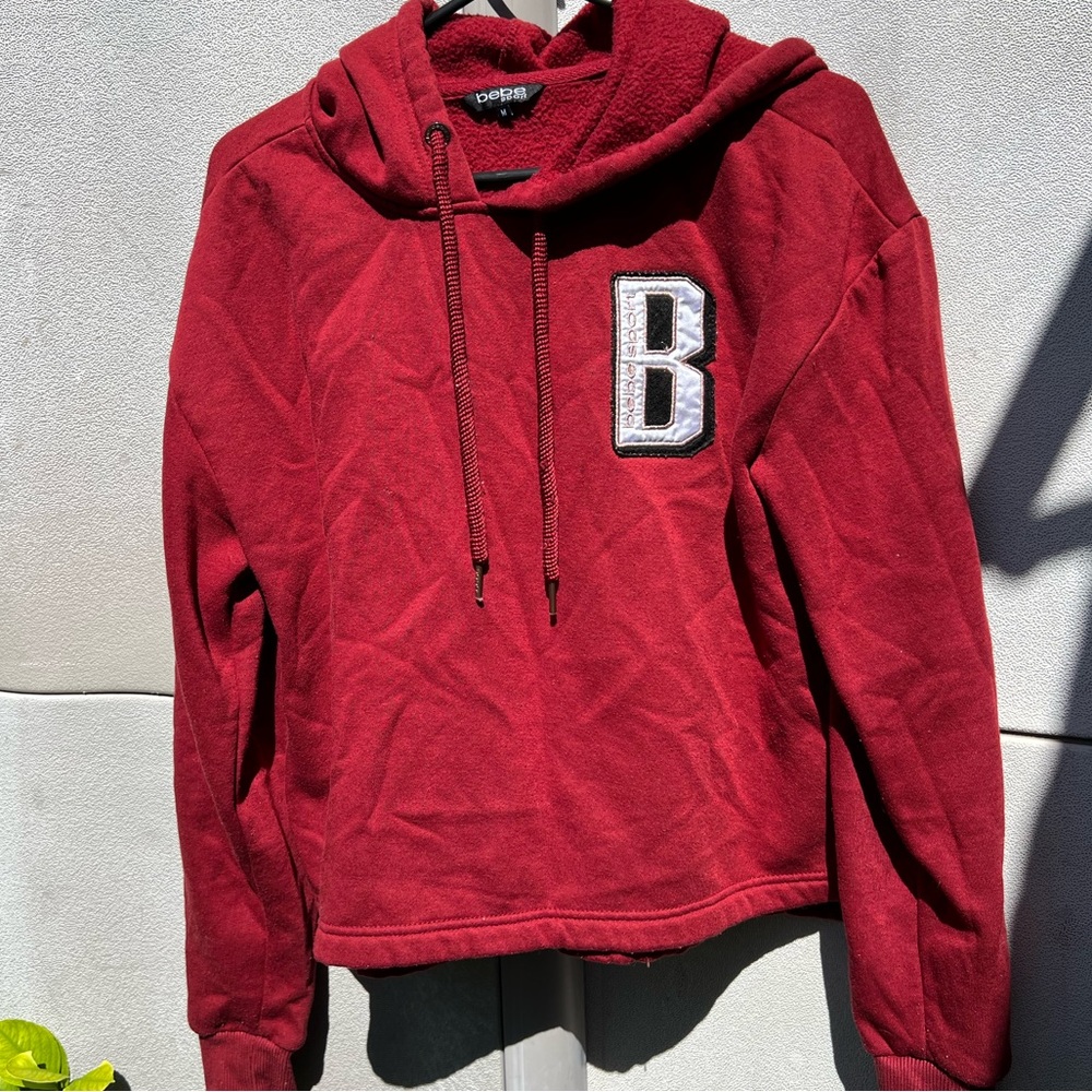 Bebe Black Red White Women's Logo Hoodie with Drawstring Activewear Sportswear M